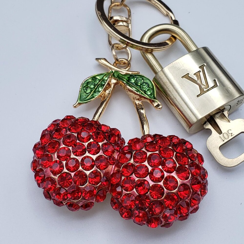LV Gold Padlock Authentic 🔑 Luxury Bag Charm w/ Unbranded Fruit Keychain - Picture 7 of 10
